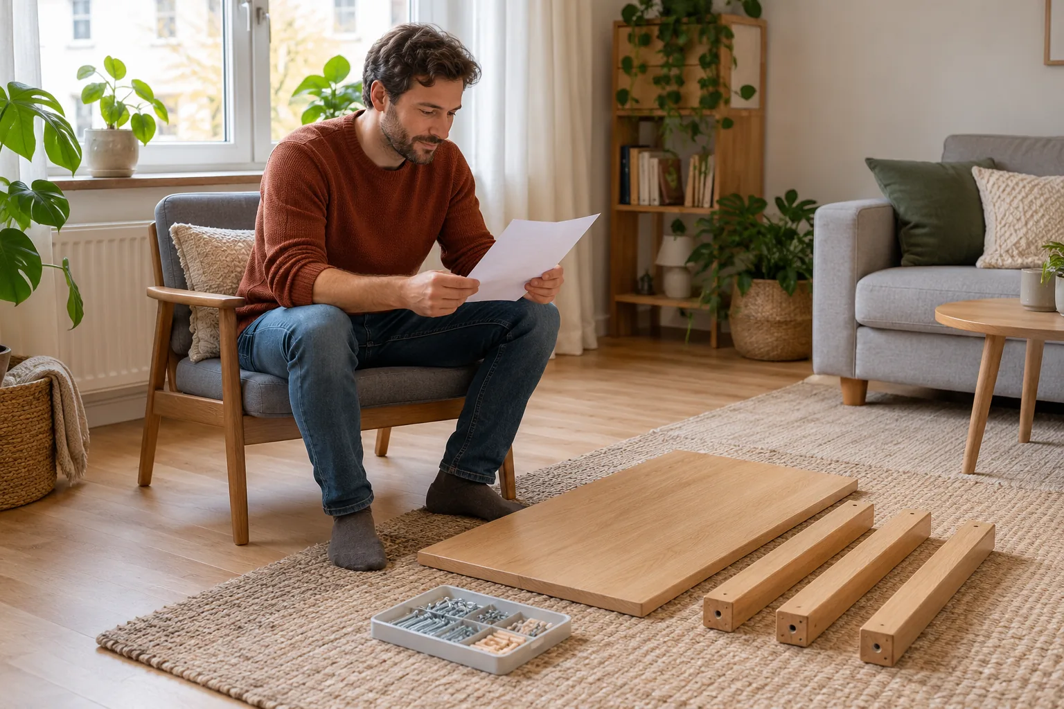 Symbolbild: Prüfung eines Montageangebots neben vorbereiteten Möbelteilen