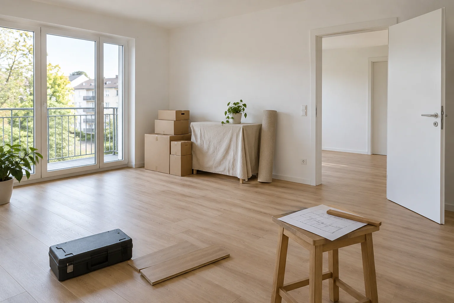 Symbolbild: Leere Wohnung mit geschützt abgestellten Umzugskartons vor dem Einzug