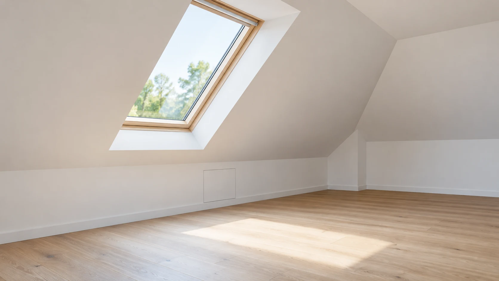 KI-generiertes Symbolbild einer hellen Mansarde mit weißen Dachschrägen, Dachfenster und Revisionsklappe im Kniestock