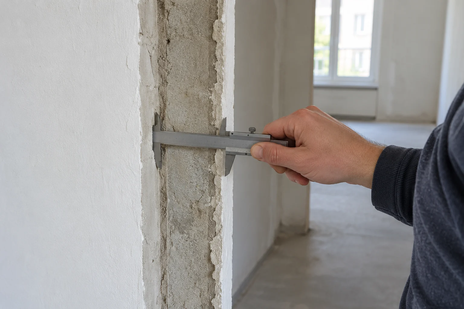 Symbolbild: Messen der Wandstärke an einer vorbereiteten Türöffnung