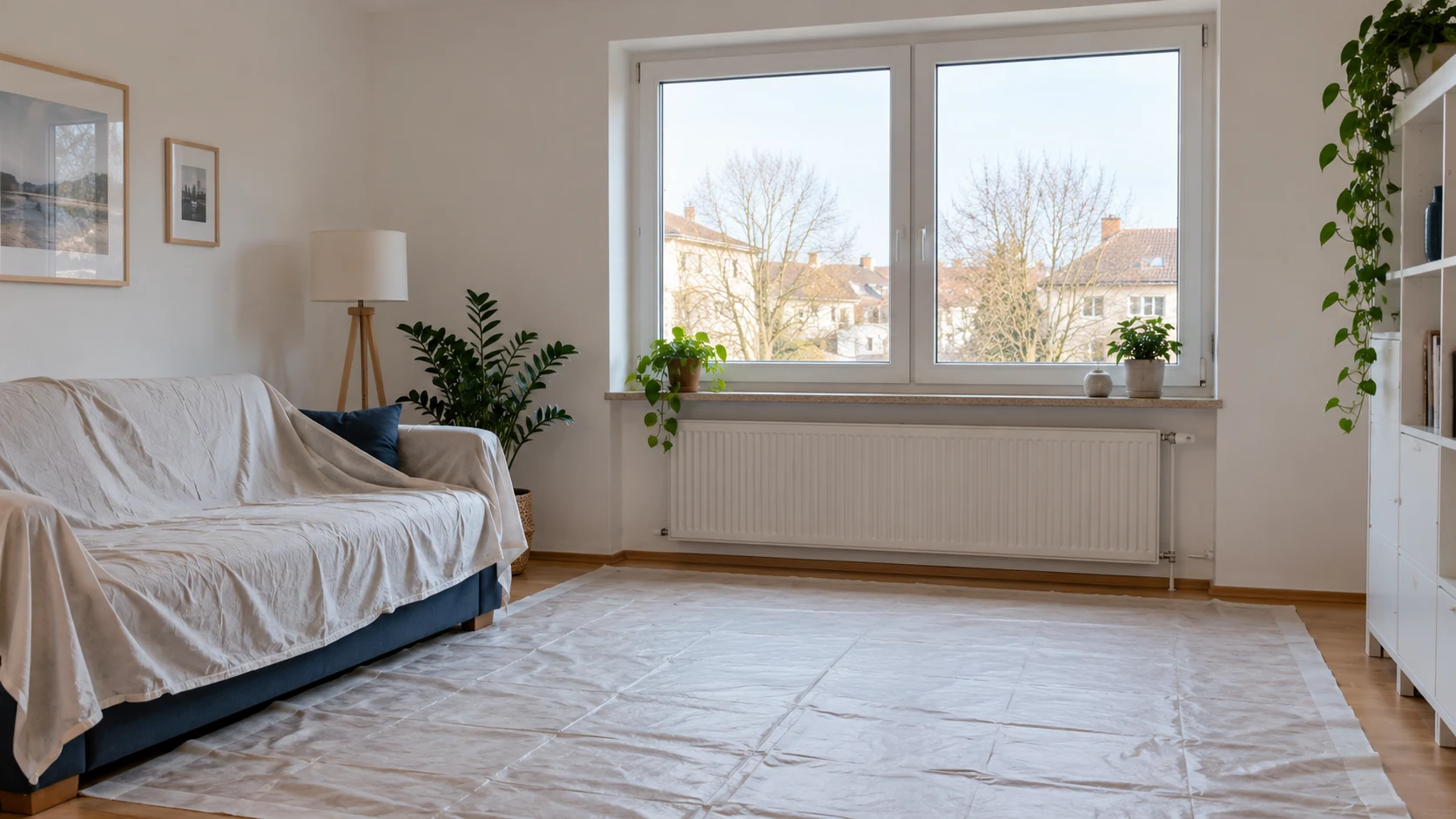 Symbolbild: Raum mit geschlossenem Fenster, geschütztem Boden und abgedecktem Sofa