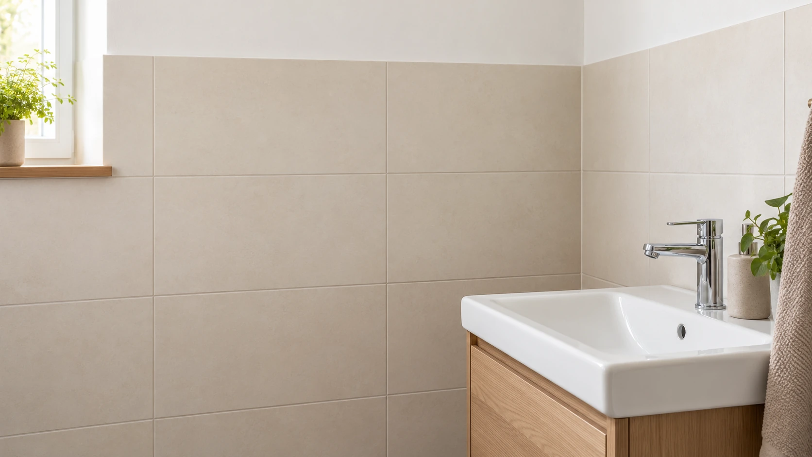 KI-Illustration eines fertigen Badezimmers mit keramischer Wandbekleidung und Waschbecken; Gipskarton, Abdichtung und Eignung des Aufbaus sind nicht nachgewiesen
