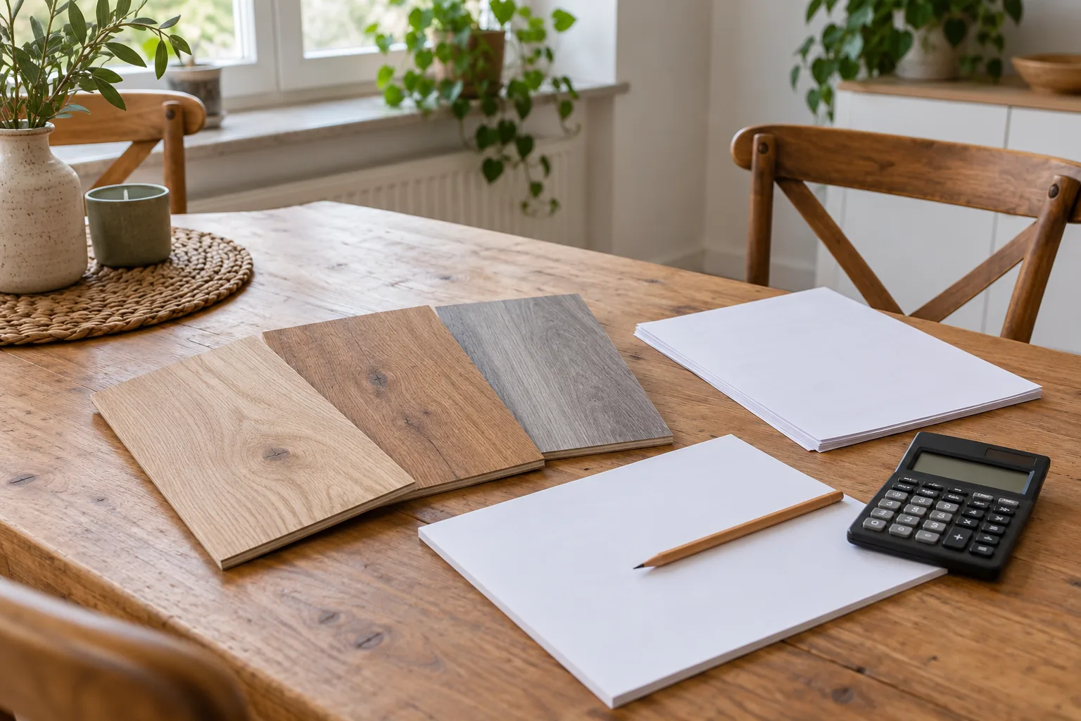 Symbolbild: Bodenmuster, Angebotsunterlagen und Taschenrechner