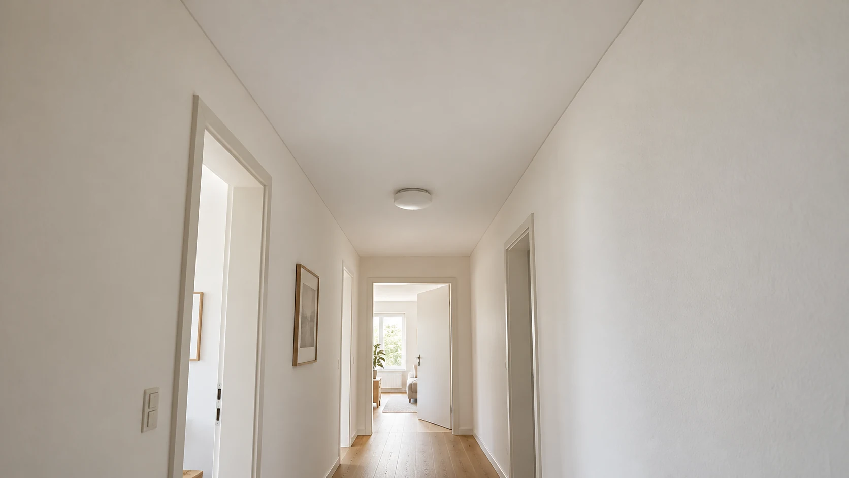 KI-generiertes Symbolbild eines Flurs mit fertiger weißer Decke, Anschlüssen an beide Wände und einer flachen Leuchte