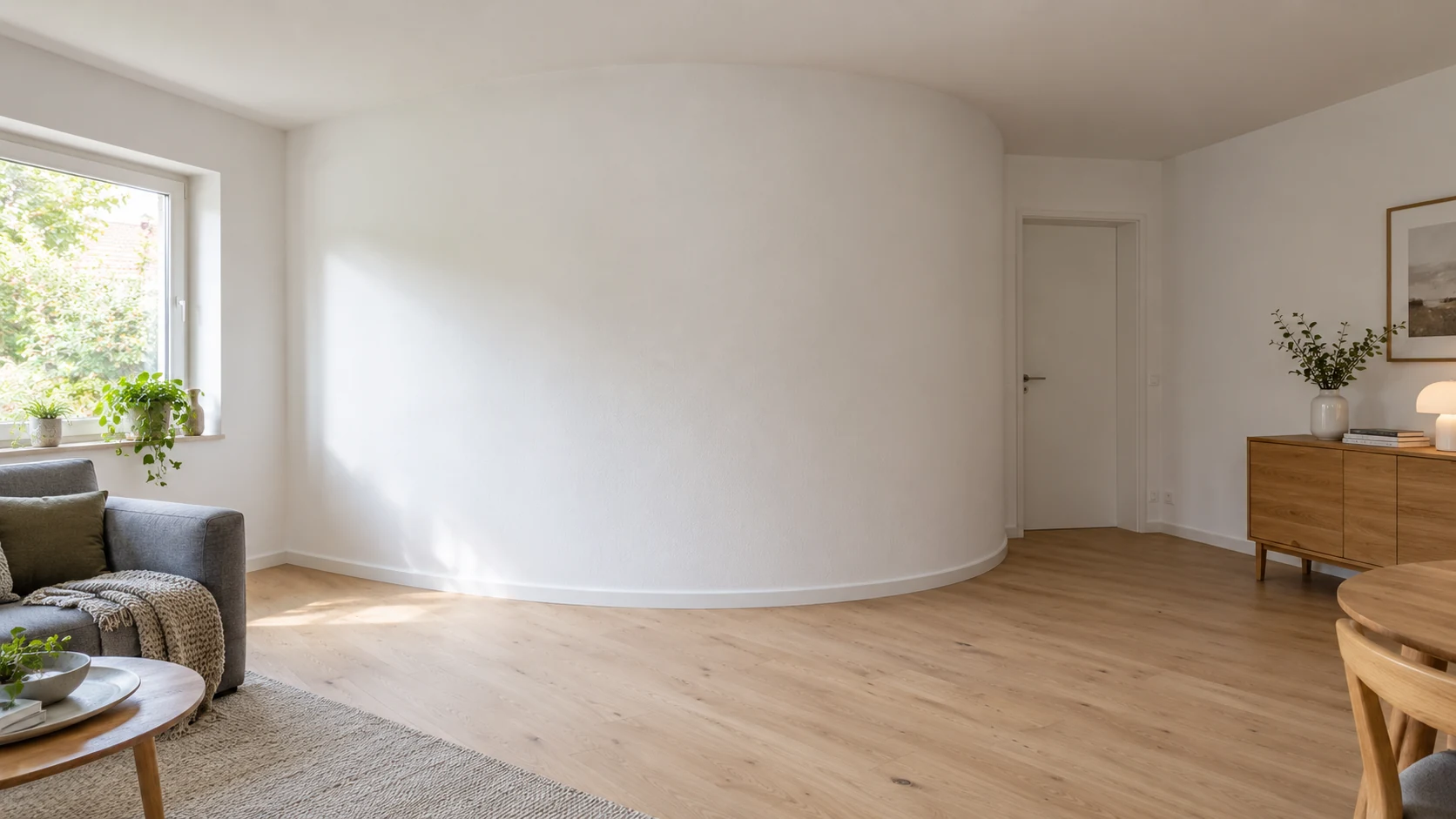 KI-Illustration einer fertigen weißen gebogenen Wand mit gerundetem Sockel und ebenem Eichenboden; Gipskarton, Radius und verdeckter Aufbau sind nicht nachgewiesen