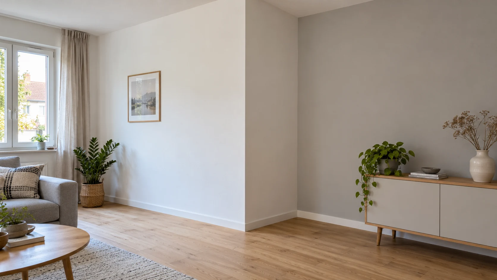 KI-Illustration einer weißen Wand am Übergang zu einer warmgrauen Bestandswand mit Eichenboden; Baustoffe und verdeckte Anschlussdetails sind nicht nachweisbar