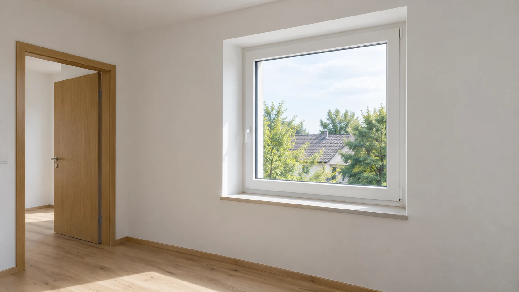 KI-generiertes Symbolbild eines Raums mit fertigen weißen Fensterlaibungen, Fensterbank und einer schlichten Holztür