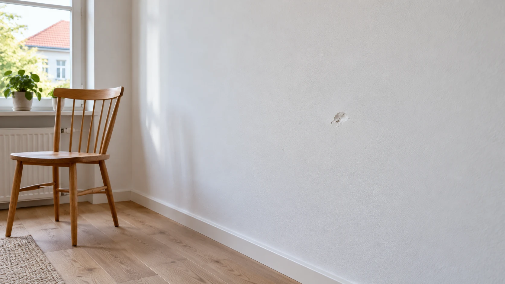 KI-Illustration einer weißen Zimmerwand mit kleiner örtlicher Beschädigung; Aufbau, Tiefe und Ursache sind nicht feststellbar
