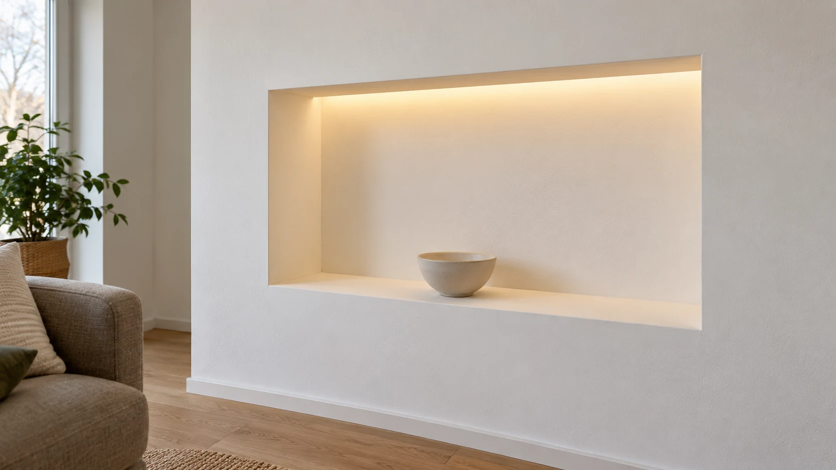 KI-generiertes Symbolbild einer fertigen weißen Wandnische mit warmer oberer Beleuchtung und einer kleinen Keramikschale