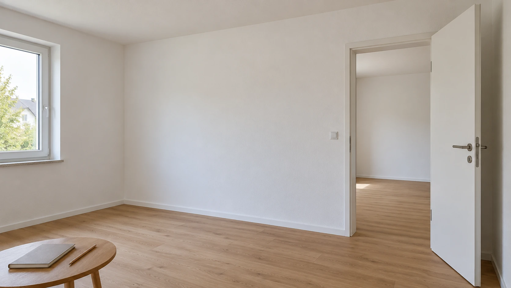KI-Illustration eines leeren Raums mit intakter Wand und Tür; sie bestätigt weder Wandaufbau, nichttragende Funktion noch unbedenkliche Materialien