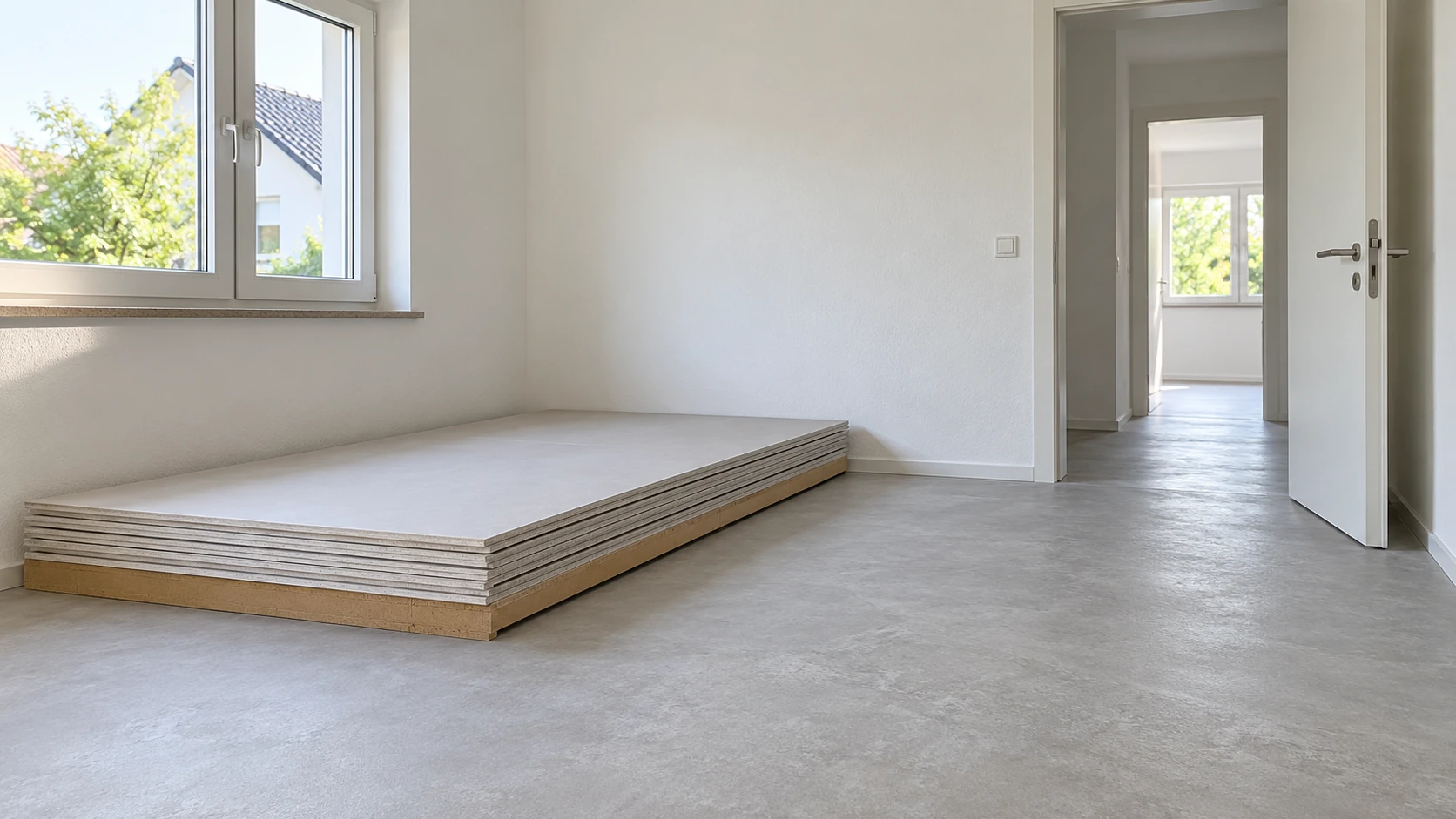 KI-Illustration eines Plattenstapels in einem trocken wirkenden Raum; Bodentragfähigkeit, zulässige Lageranordnung und Verarbeitungsbereitschaft sind nicht nachgewiesen