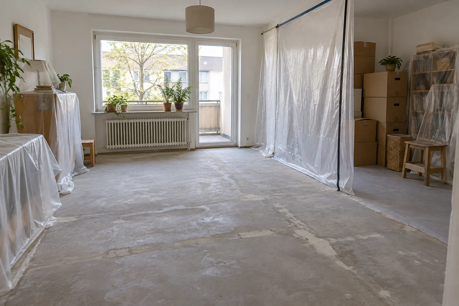 Symbolbild: Abgetrennter Arbeitsbereich und geordnete Wohngegenstände beim Bodenwechsel