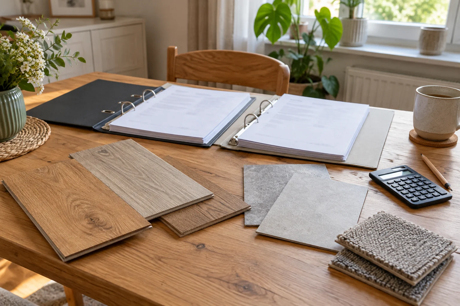 Symbolbild: Zwei Angebotsmappen und Materialmuster auf einem Tisch