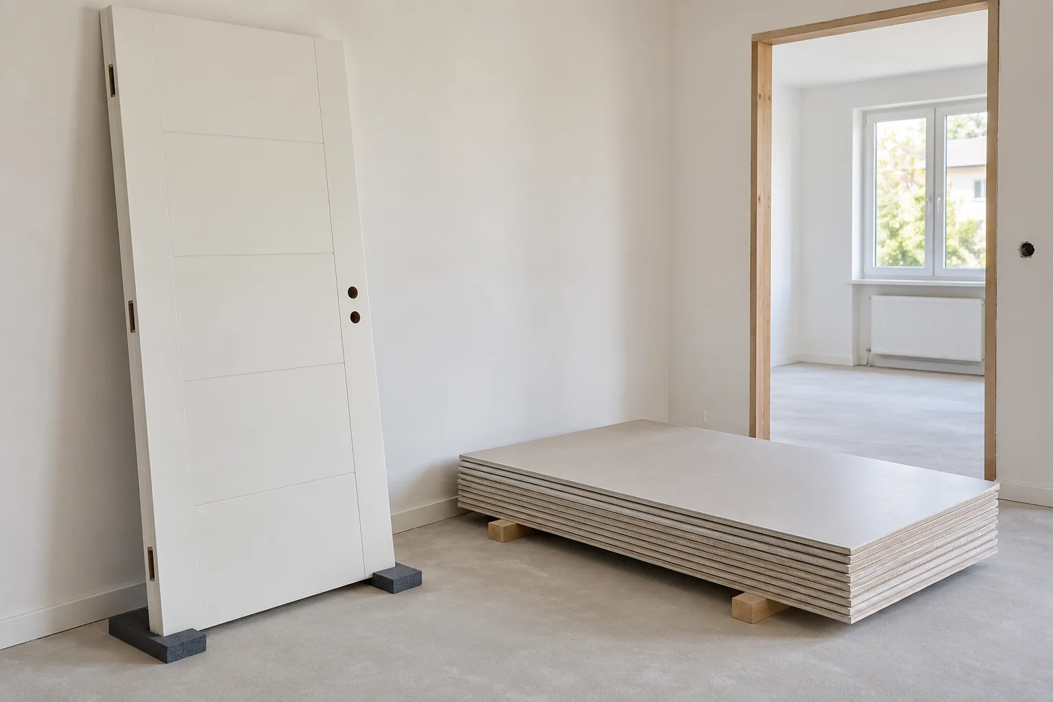 Symbolbild: Vorgefertigte Innentür und Gipskartonplatten in einem vorbereiteten Raum