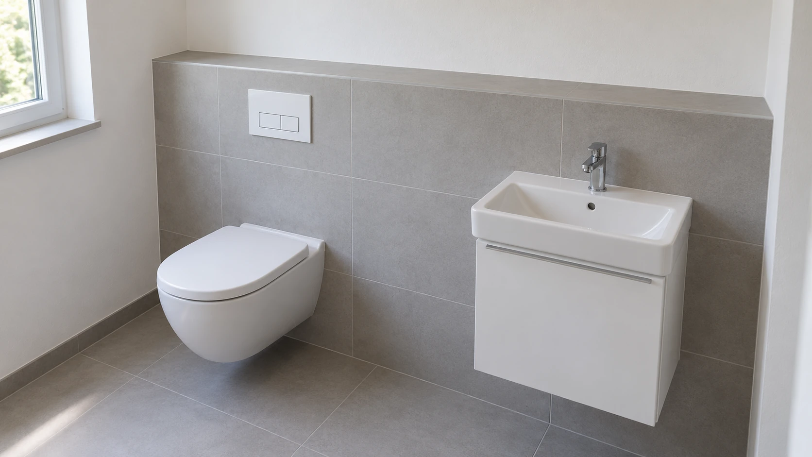 KI-Illustration einer fertigen Sanitärvorwand mit WC und Waschtisch; verdeckte Befestigung, Anschlüsse, Abdichtung und Schutzfunktionen sind nicht nachgewiesen