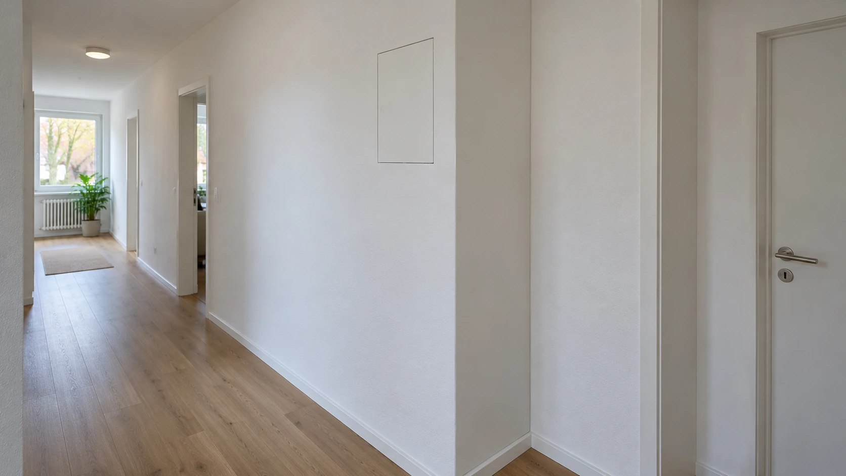 KI-Illustration einer geschlossenen weißen Schachtbekleidung mit Revisionsklappe; kein Nachweis für Aufbau, Montagezugang oder Schutzfunktionen