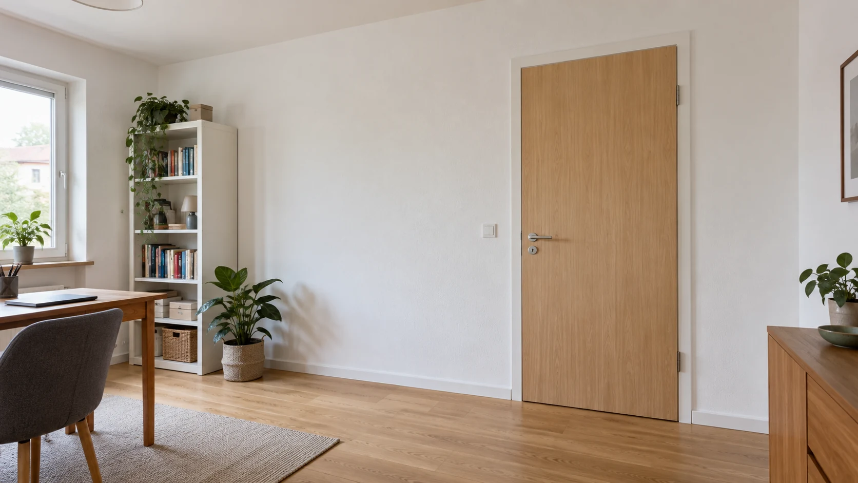 KI-Illustration eines schlichten Arbeitszimmers mit gerader weißer Wand und geschlossener Eichentür; Gipskarton und gemessene Schalldämmung sind nicht nachgewiesen