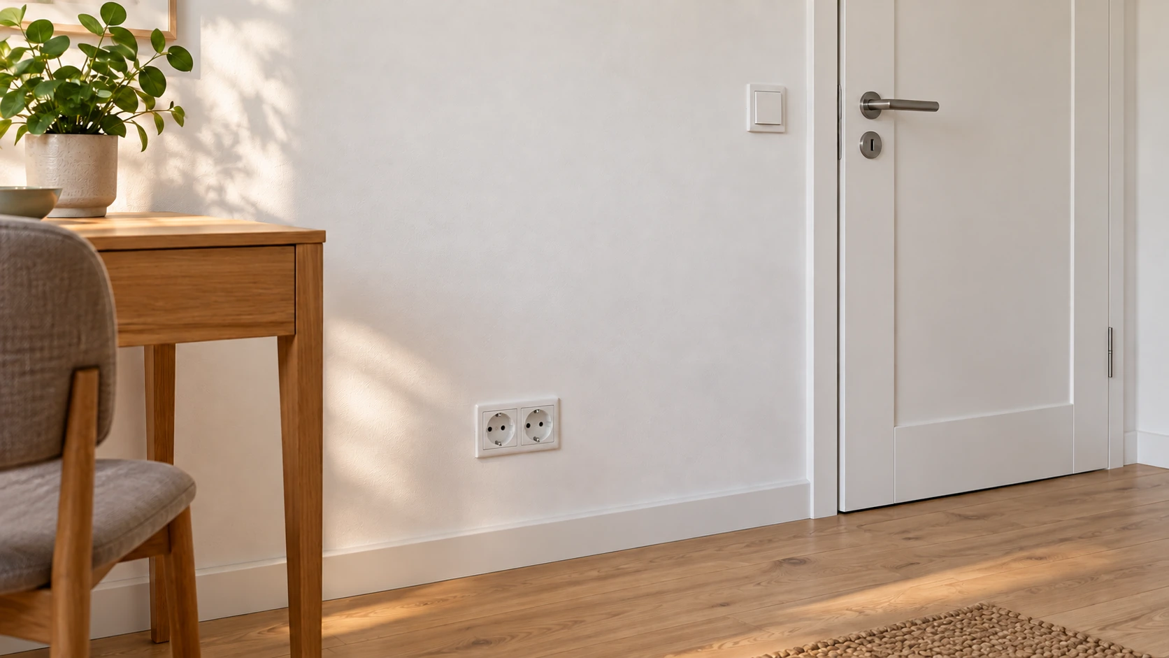 KI-Illustration einer fertigen Wand mit geschlossenen Steckdosen und Schalter; verdeckter Einbau, richtige Positionen und elektrische Sicherheit sind nicht nachgewiesen