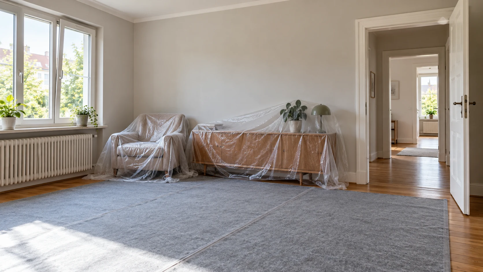 KI-generiertes Symbolbild eines vorbereiteten Wohnraums mit abgedecktem Sessel und Sideboard, Bodenschutz und freiem Weg zur offenen Tür
