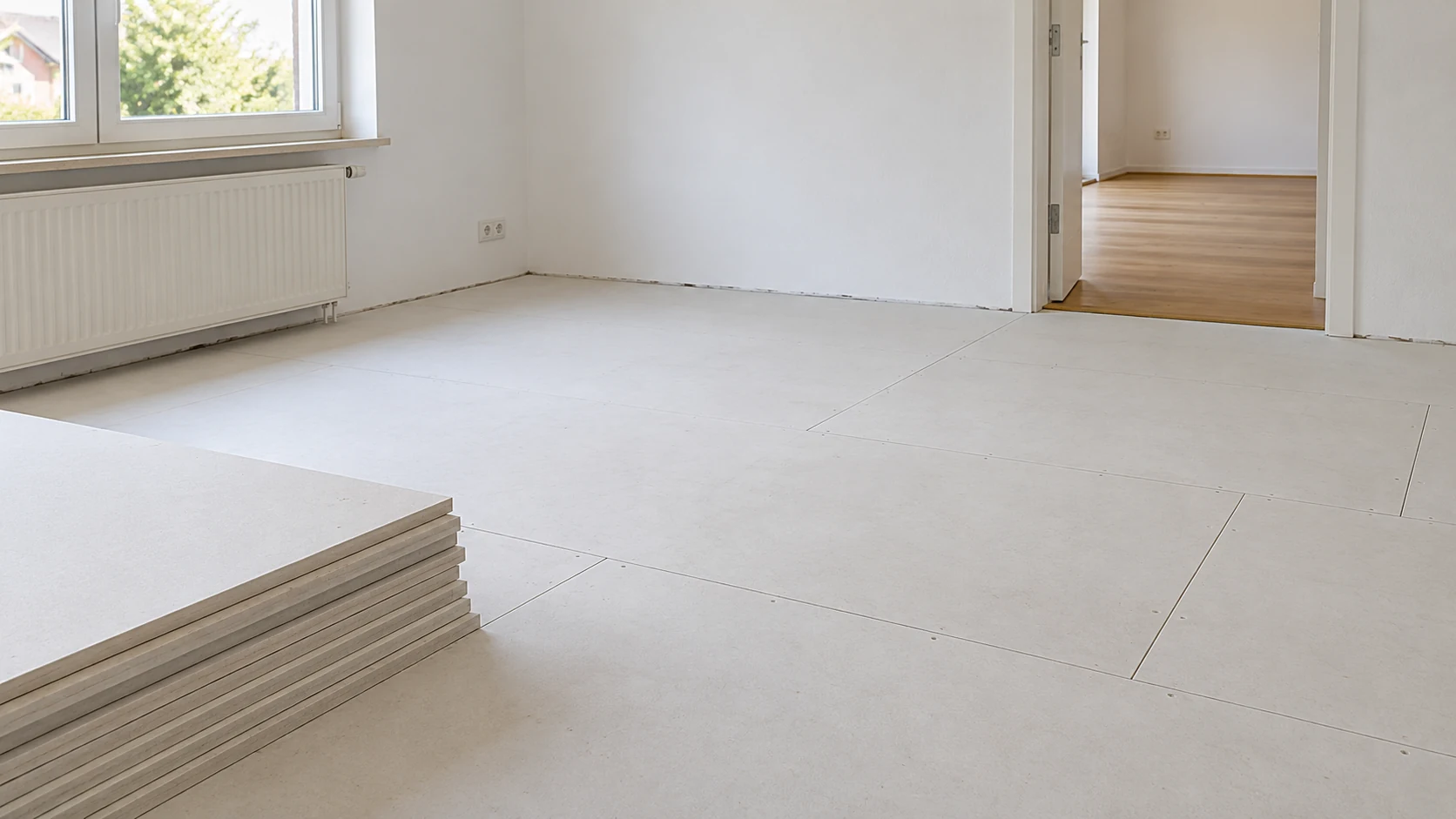 KI-generiertes Symbolbild eines Raums mit hellen Trockenbodenelementen und gestapelten Platten, kein Nachweis eines geprüften Bodenaufbaus