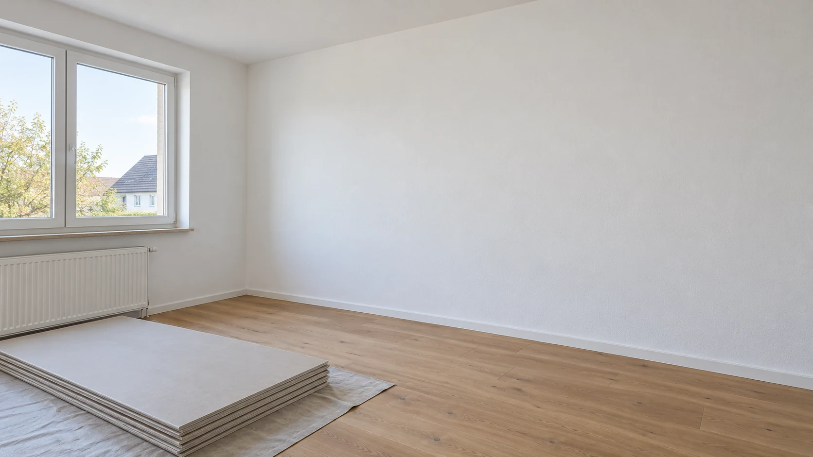 KI-Illustration eines schlichten Zimmers mit fertiger weißer Wand und flach gestapelten Gipsplatten; die Befestigung ist nicht sichtbar