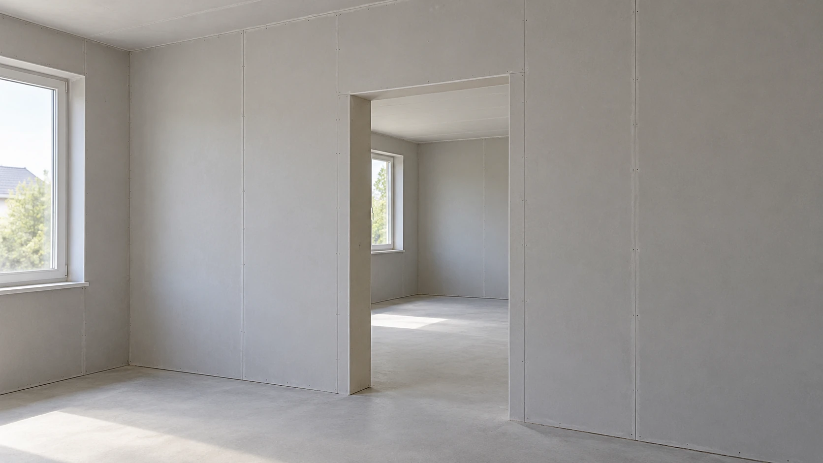 KI-Illustration einer noch unbeschichteten Gipskartonwand mit leerer Türöffnung; verdeckte Türpfosten, Befestigungen und Tragfähigkeit sind nicht nachgewiesen