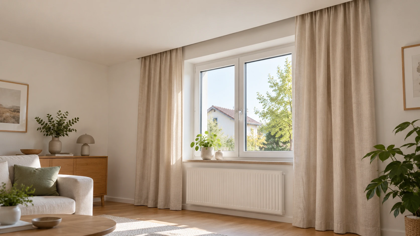 KI-Illustration einer fertigen Vorhangnische in einer Gipskartondecke; verdeckte Schienenbefestigung, Tragkonstruktion und Schutzfunktionen sind nicht nachgewiesen