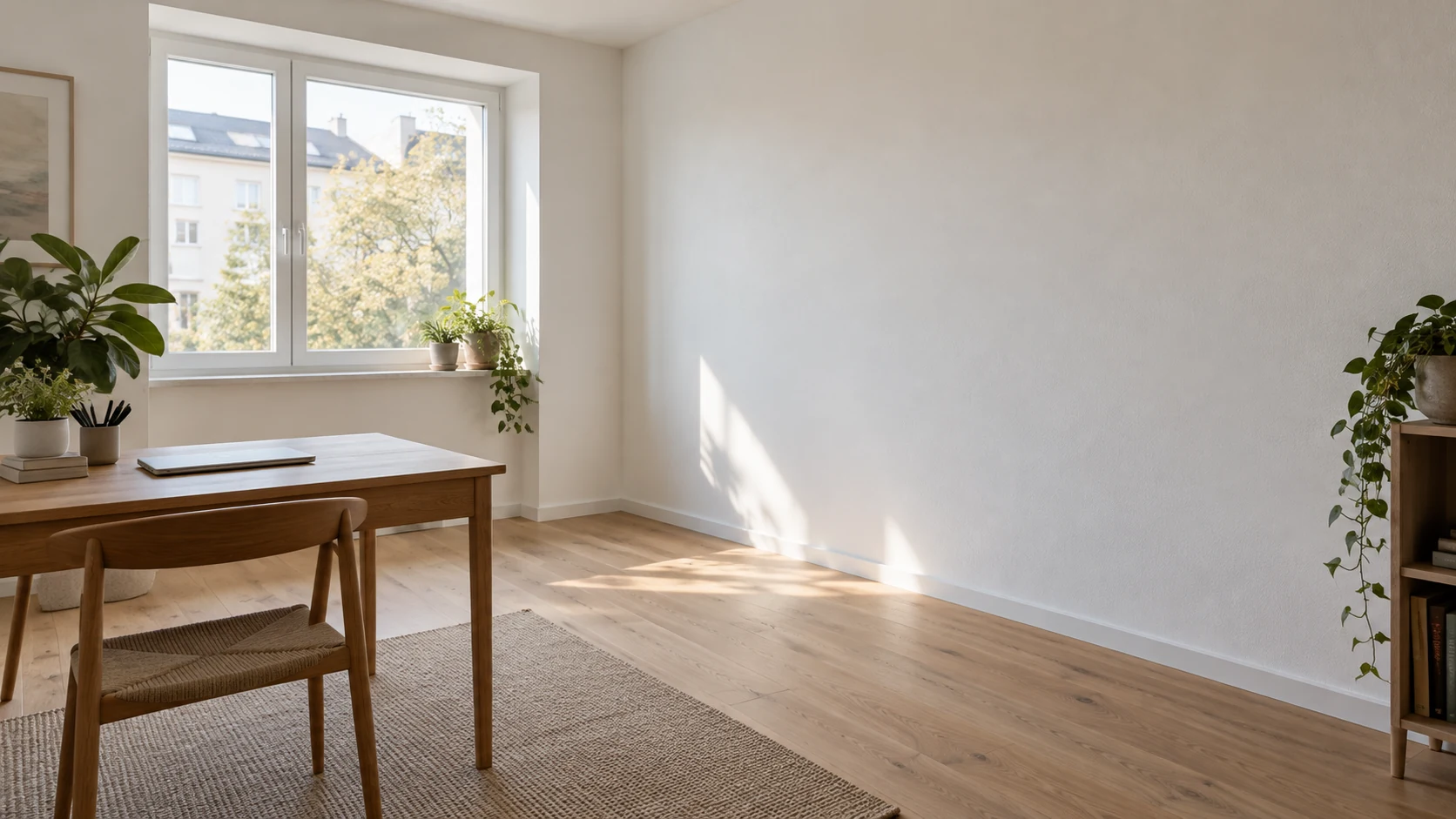 KI-generiertes Symbolbild eines hellen Raums mit weißer Wandbekleidung, tiefen Fensterlaibungen und sichtbarem Bodenanschluss